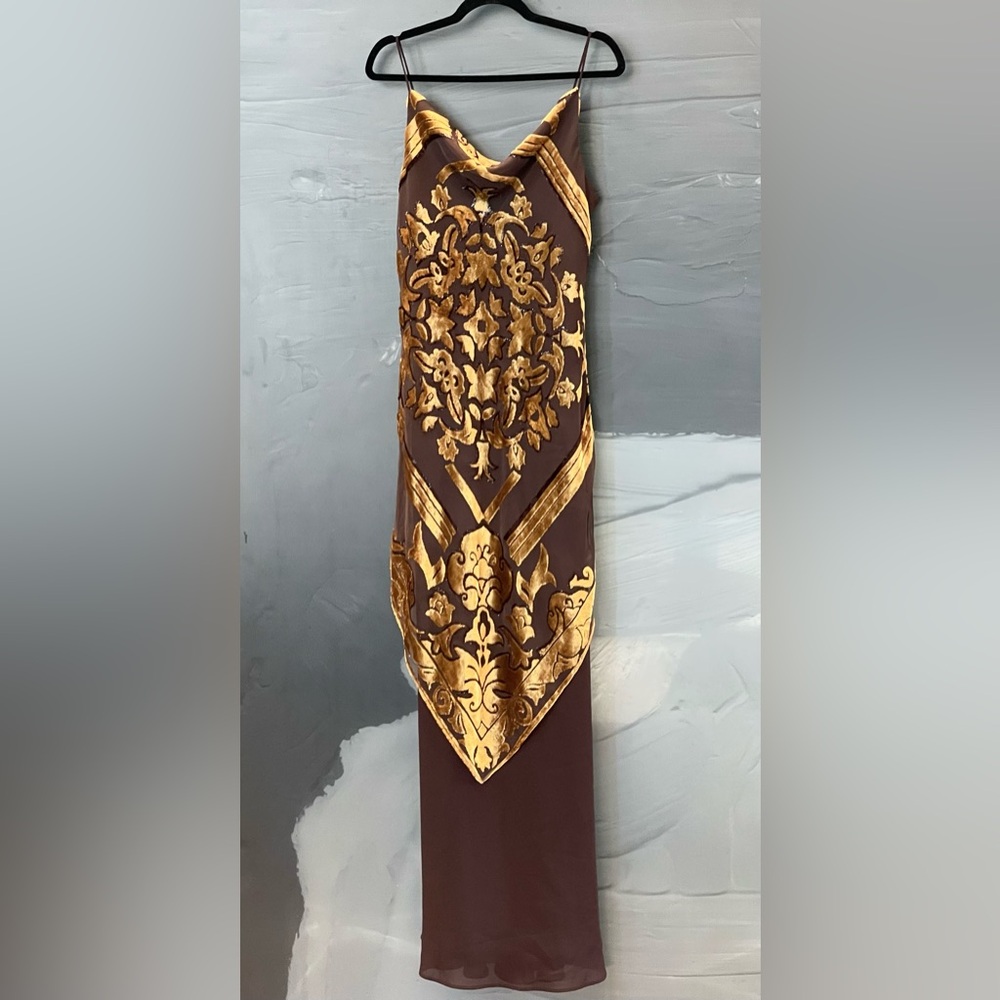 Vtg Chicas Women's Cowl Neck Mermaid Brn Dress/Gown w/Gold Emblem Overlays Sz XL